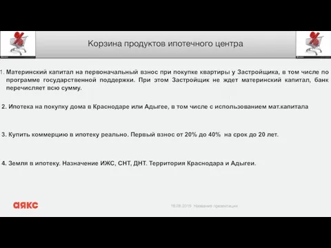 Корзина продуктов ипотечного центра Материнский капитал на первоначальный взнос при покупке