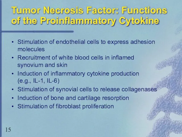 Tumor Necrosis Factor: Functions of the Proinflammatory Cytokine Stimulation of endothelial