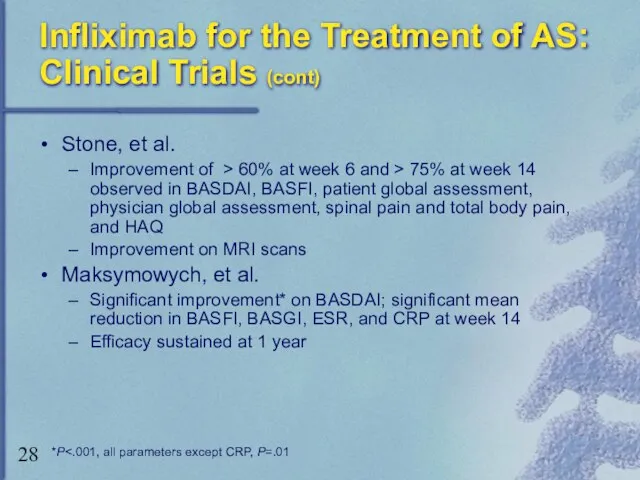 Infliximab for the Treatment of AS: Clinical Trials (cont) Stone, et