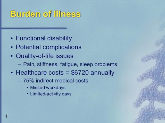 Burden of Illness Functional disability Potential complications Quality-of-life issues Pain, stiffness,