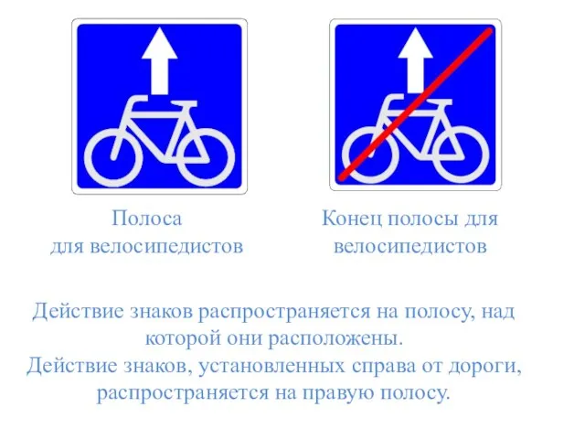 Полоса для велосипедистов Конец полосы для велосипедистов Действие знаков распространяется на