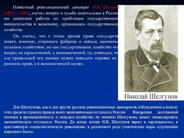 Известный революционный демократ Н.В. Шелгунов (1824— 1891), изучал вопрос о судьбе
