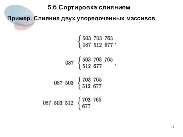 5.б Сортировка слиянием Пример. Слияние двух упорядоченных массивов