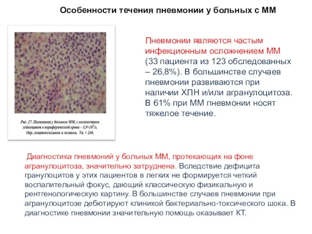 Особенности течения пневмонии у больных с ММ Диагностика пневмоний у больных