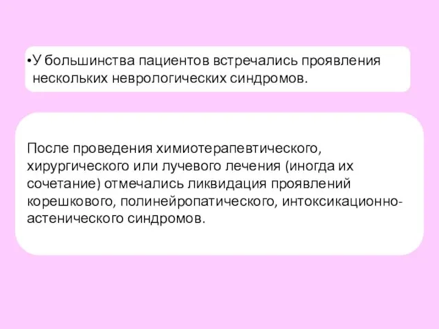 У большинства пациентов встречались проявления нескольких неврологических синдромов. После проведения химиотерапевтического,