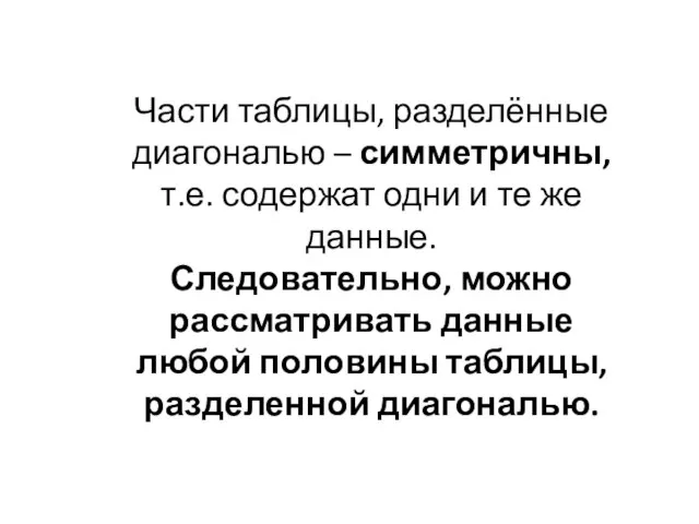 Части таблицы, разделённые диагональю – симметричны, т.е. содержат одни и те