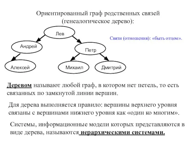 Ориентированный граф родственных связей (генеалогическое дерево): Связи (отношения): «быть отцом». Деревом