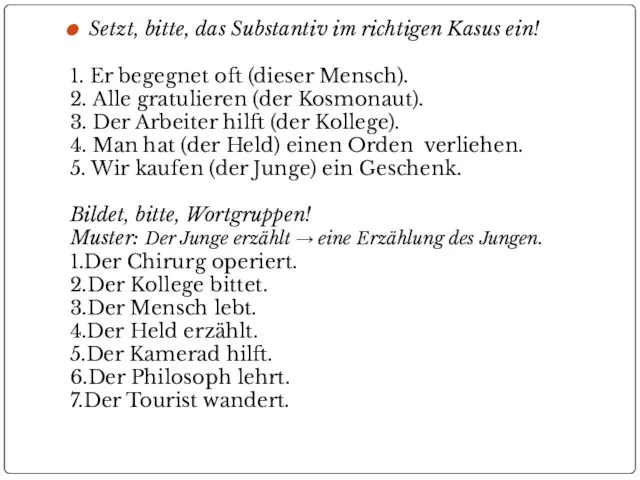 Setzt, bitte, das Substantiv im richtigen Kasus ein! 1. Er begegnet