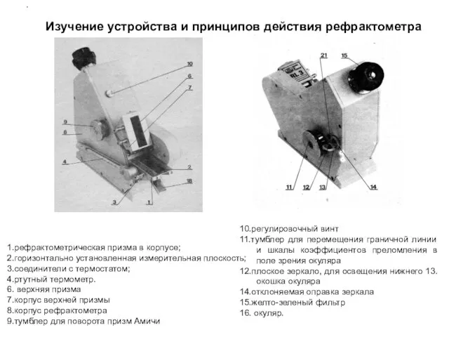 Изучение устройства и принципов действия рефрактометра . 1.рефрактометрическая призма в корпусе;