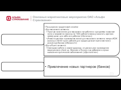 Основные маркетинговые мероприятия ОАО «Альфа Страхование»