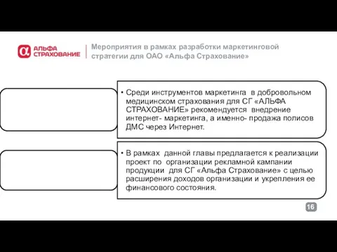 Мероприятия в рамках разработки маркетинговой стратегии для ОАО «Альфа Страхование»