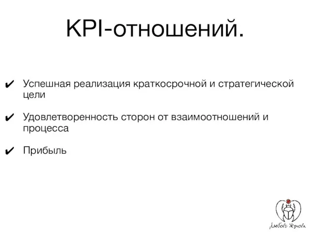 KPI-отношений. Успешная реализация краткосрочной и стратегической цели Удовлетворенность сторон от взаимоотношений и процесса Прибыль