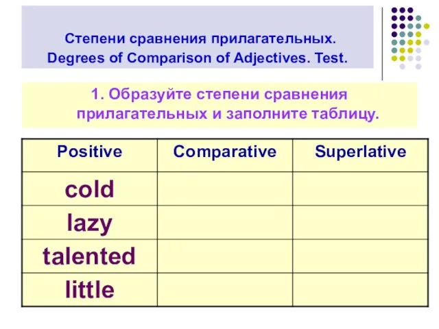 Степени сравнения прилагательных. Degrees of Comparison of Adjectives. Test. 1. Образуйте