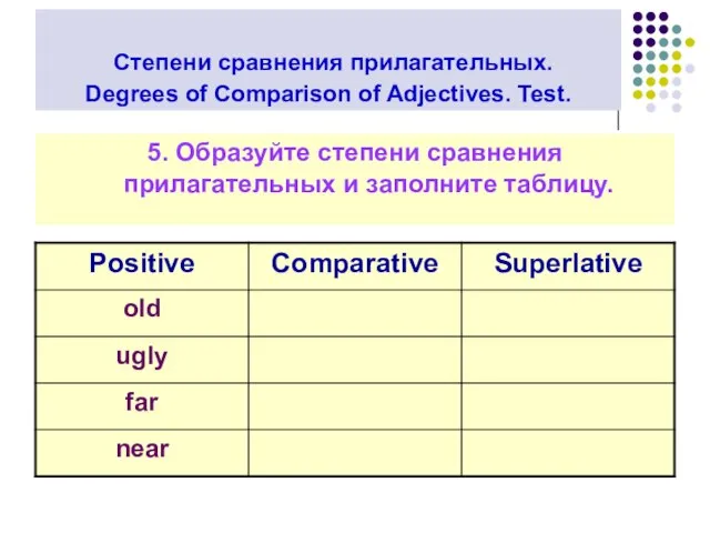 Степени сравнения прилагательных. Degrees of Comparison of Adjectives. Test. 5. Образуйте