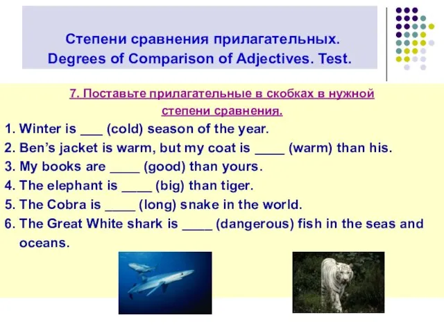 Степени сравнения прилагательных. Degrees of Comparison of Adjectives. Test. 7. Поставьте