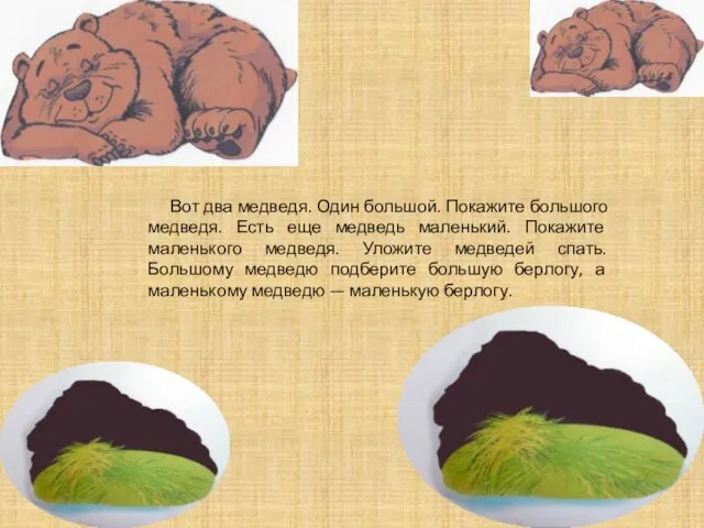 Вот два медведя. Один большой. Покажите большого медведя. Есть еще медведь