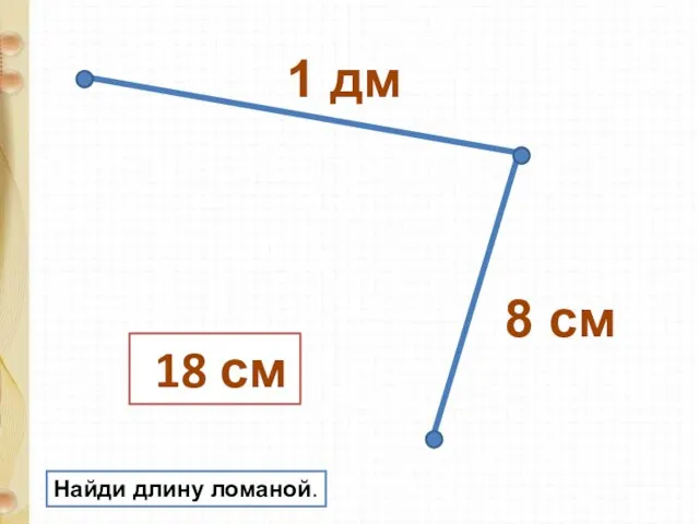 1 дм 8 см Найди длину ломаной. 18 см