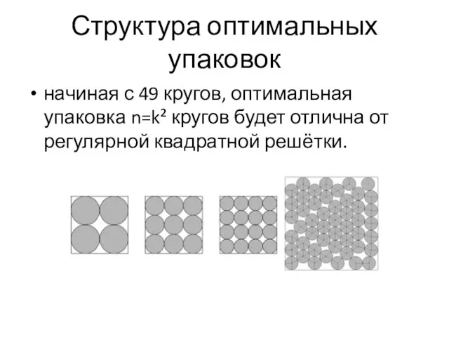 Структура оптимальных упаковок начиная с 49 кругов, оптимальная упаковка n=k² кругов