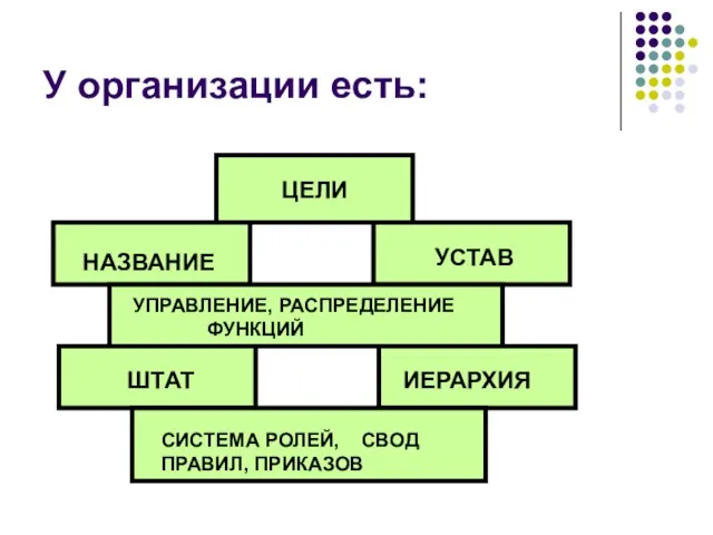 У организации есть: ЦЕЛИ НАЗВАНИЕ УСТАВ УПРАВЛЕНИЕ, РАСПРЕДЕЛЕНИЕ ФУНКЦИЙ ШТАТ ИЕРАРХИЯ СИСТЕМА РОЛЕЙ, СВОД ПРАВИЛ, ПРИКАЗОВ