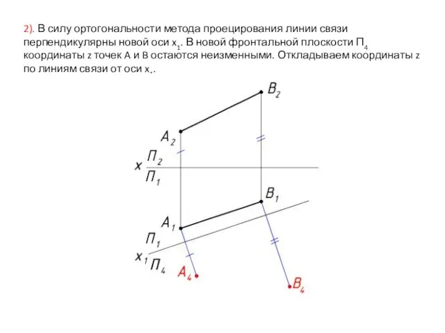 2). В силу ортогональности метода проецирования линии связи перпендикулярны новой оси