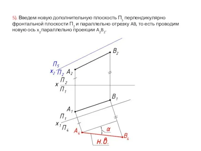 5). Введем новую дополнительную плоскость П5 перпендикулярно фронтальной плоскости П2 и