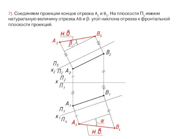 7). Соединяем проекции концов отрезка A5 и B5. На плоскости П5