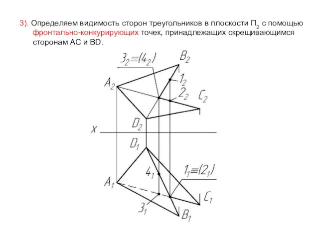 3). Определяем видимость сторон треугольников в плоскости П2 с помощью фронтально-конкурирующих