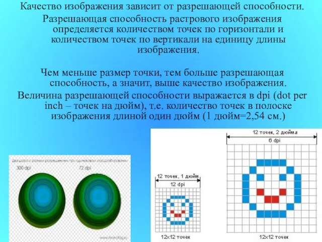 Качество изображения зависит от разрешающей способности. Разрешающая способность растрового изображения определяется