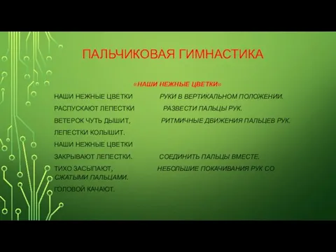 ПАЛЬЧИКОВАЯ ГИМНАСТИКА «НАШИ НЕЖНЫЕ ЦВЕТКИ» НАШИ НЕЖНЫЕ ЦВЕТКИ РУКИ В ВЕРТИКАЛЬНОМ