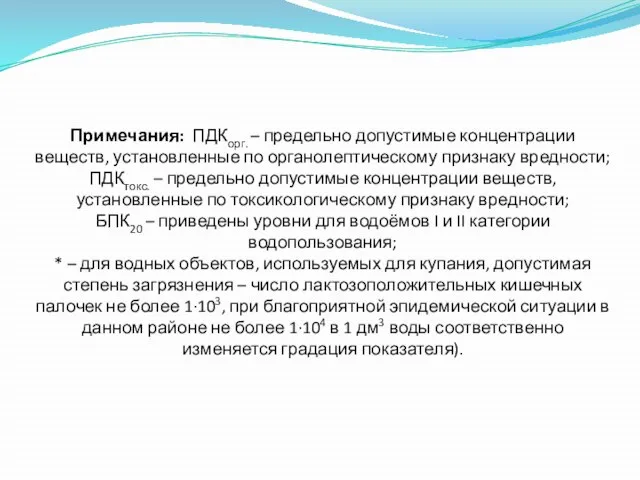 Примечания: ПДКорг. – предельно допустимые концентрации веществ, установленные по органолептическому признаку