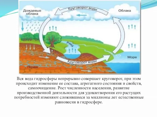 Вся вода гидросферы непрерывно совершает круговорот, при этом происходит изменение ее