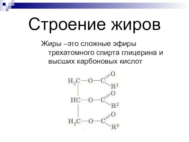 Строение жиров Жиры –это сложные эфиры трехатомного спирта глицерина и высших карбоновых кислот