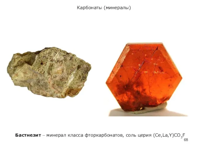 Карбонаты (минералы) Бастнезит – минерал класса фторкарбонатов, соль церия (Ce,La,Y)CO3F