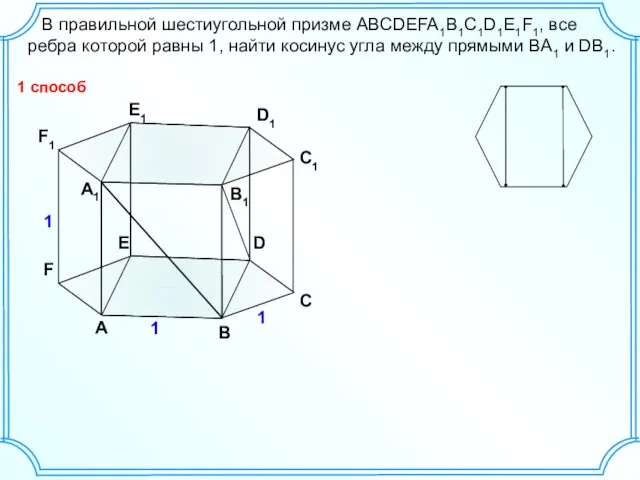 В правильной шестиугольной призме ABCDEFA1B1C1D1E1F1, все ребра которой равны 1, найти