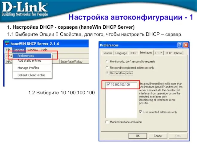 1. Настройка DHCP - сервера (haneWin DHCP Server) 1.1 Выберите Опции
