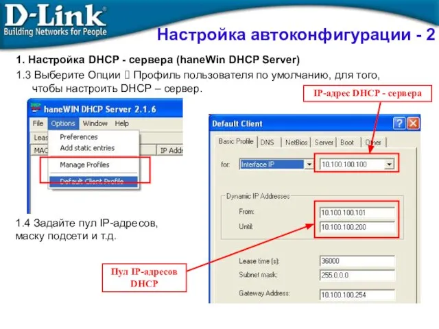 1. Настройка DHCP - сервера (haneWin DHCP Server) 1.3 Выберите Опции