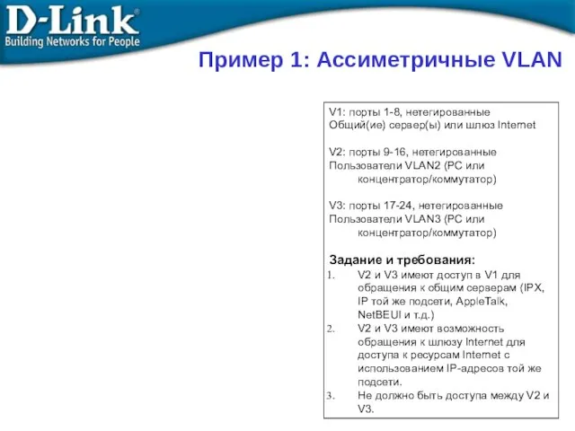 V1: порты 1-8, нетегированные Общий(ие) сервер(ы) или шлюз Internet V2: порты