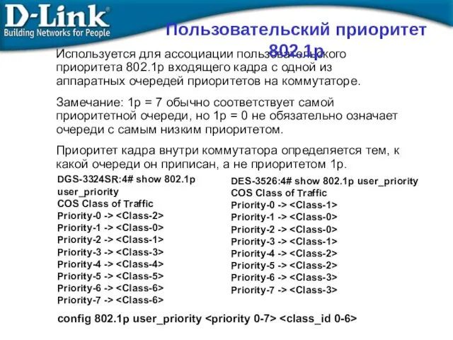 Используется для ассоциации пользовательского приоритета 802.1p входящего кадра с одной из