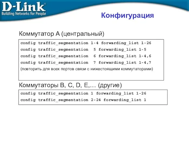 Конфигурация Коммутатор A (центральный) Коммутаторы B, C, D, E,… (другие) config