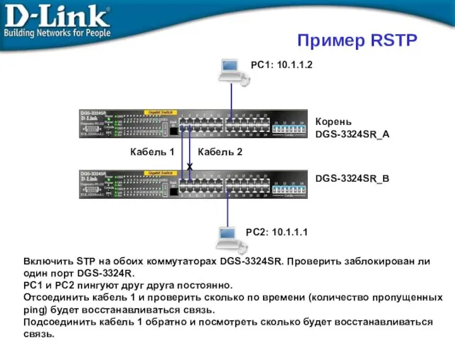 PC2: 10.1.1.1 PC1: 10.1.1.2 Корень DGS-3324SR_A X Включить STP на обоих