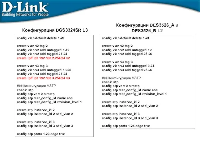 config vlan default delete 1-20 create vlan v2 tag 2 config