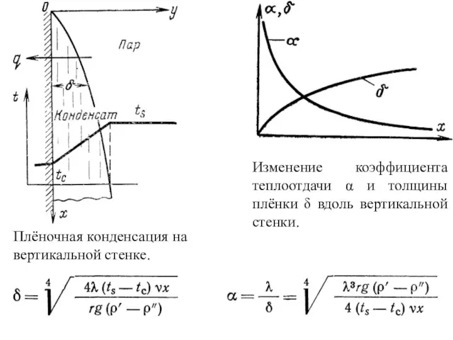 Плёночная конденсация на вертикальной стенке. Изменение коэффициента теплоотдачи α и толщины плёнки δ вдоль вертикальной стенки.