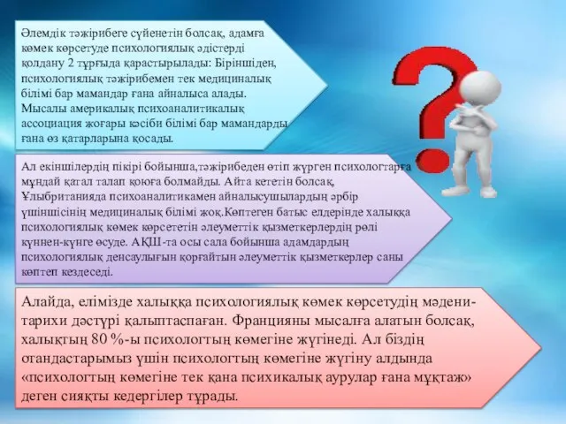 Әлемдік тәжірибеге сүйенетін болсақ, адамға көмек көрсетуде психологиялық әдістерді қолдану 2