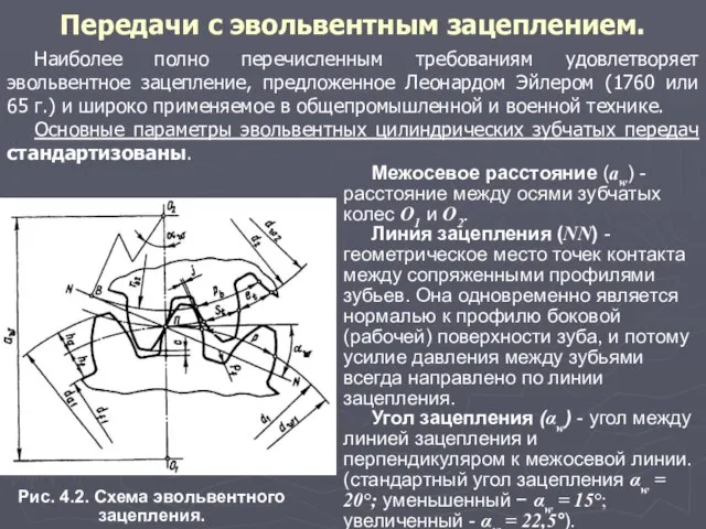 Передачи с эвольвентным зацеплением. Наиболее полно перечисленным требованиям удовлетворяет эвольвентное зацепление,