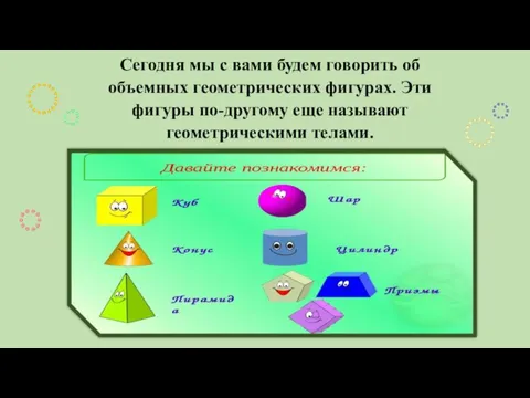 Сегодня мы с вами будем говорить об объемных геометрических фигурах. Эти