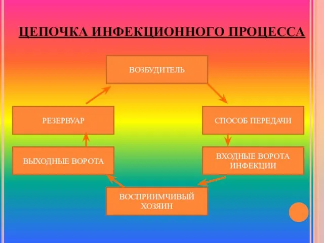 ЦЕПОЧКА ИНФЕКЦИОННОГО ПРОЦЕССА ВОЗБУДИТЕЛЬ СПОСОБ ПЕРЕДАЧИ ВХОДНЫЕ ВОРОТА ИНФЕКЦИИ ВОСПРИИМЧИВЫЙ ХОЗЯИН ВЫХОДНЫЕ ВОРОТА РЕЗЕРВУАР