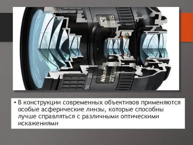 В конструкции современных объективов применяются особые асферические линзы, которые способны лучше справляться с различными оптическими искажениями