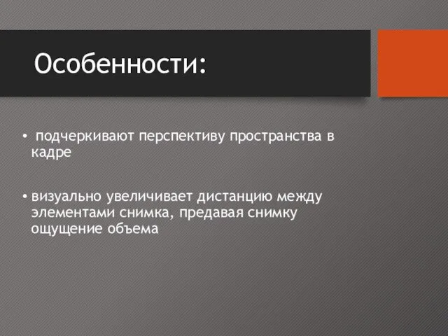 Особенности: подчеркивают перспективу пространства в кадре визуально увеличивает дистанцию между элементами снимка, предавая снимку ощущение объема