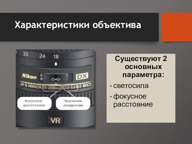 Характеристики объектива Существуют 2 основных параметра: светосила фокусное расстояние