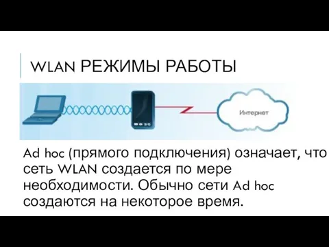 WLAN РЕЖИМЫ РАБОТЫ Ad hoc (прямого подключения) означает, что сеть WLAN